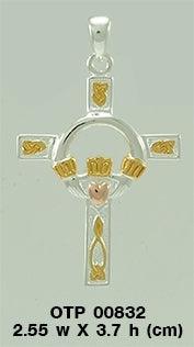 Claddagh on Celtic Knotwork Cross Three Tone Pendant OTP832 - Jewelry